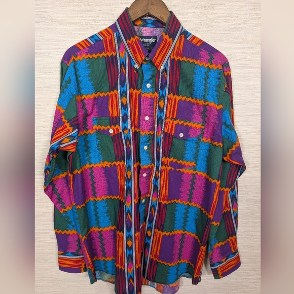 Wrangler Other - Mens Vintage Wrangler Cowboy 17-35 Neon Aztec Pattern Button Up Shirt XL